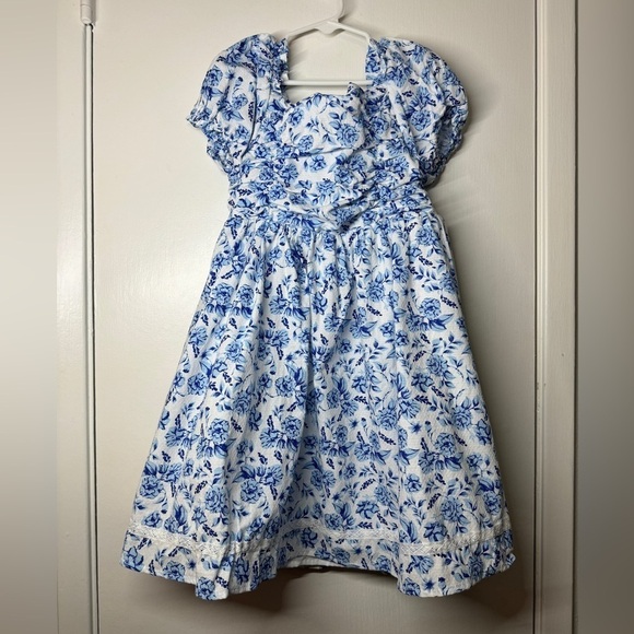 NWT Joie Kids White Blue Floral Short Puff Sleeve A Line Dress Size 7 Girls - Picture 1 of 13